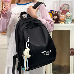 Sac a dos de loisir noir grande capacite cartable pour femmes et hommes couleur unie mode