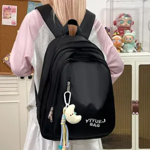Sac à dos noir uni décontracté avec pendentif lune, grand sac d'école pour voyage.