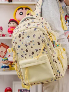 Joli sac à dos scolaire décontracté de style japonais avec motifs étoiles et multi-poches.