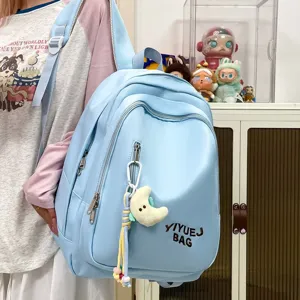 Sac à dos de voyage décontracté bleu clair grande capacité avec pendentif lune