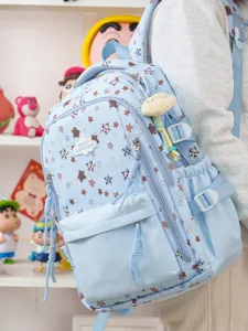 Sac à dos étudiant mignon style ins japonais vue détaillée, motif étoile bleu clair