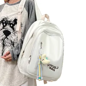 Sac à dos blanc minimaliste décontracté pour école voyage grande capacité style coréen.