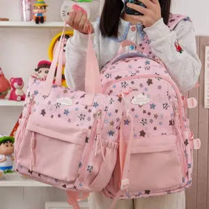 Sac à dos d'étudiant mignon de style japonais ins rose et ensemble de sac cabas assorti pour l'école.