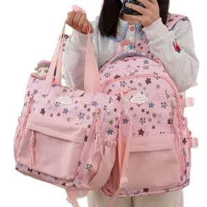 Ensemble sac à dos et fourre-tout rose style japonais avec motif d'étoiles pour étudiante.