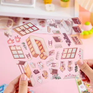 Primer plano de pegatinas 3D traslúcidas de escenas de café en miniatura