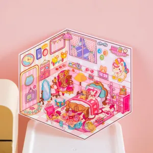 Pegatina de escena de dormitorio 3D hexagonal detallada con dibujos rosas