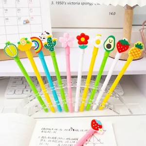 Creative Cartoon Gel Pen 0.5mm Fine Point Plastic Writing Ink Pen Cute Silicone Fruit Animal Topper For School Office Students