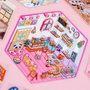 Vista detallada de la pegatina de escena de panadería en miniatura 3D con panda y conejo.