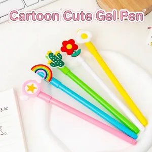 Set of assorted cute cartoon gel pens with decorative silicone toppers for student stationery