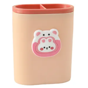 Cute dual-grid pen holder desktop storage box cartoon animal design for office school supplies