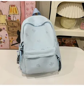 Light blue casual butterfly print backpack large capacity school bag for students daily use