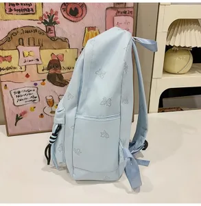 Casual light blue backpack detail, stylish Japanese style school bag for students and daily use.