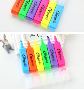 Close-up view of colorful highlighters set, showing vibrant ink colors and clear pen body details.