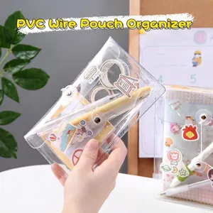 Clear PVC Waterproof Storage Bag String Wrap Button Closure Large Capacity Portable Stationery Pencil Case Organizer