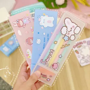 Estuche de lápices de plástico PP esmerilado transparente con dibujos para estudiantes