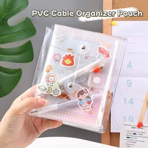 Clear PVC storage bag with cartoon stickers and string tie closure for stationery