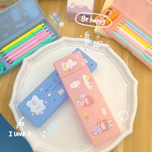 Estuche de lápices de plástico PP esmerilado con dibujos animados para estudiantes, rosa