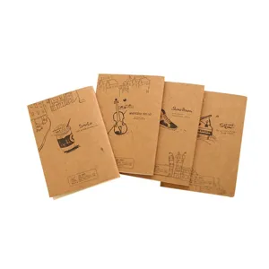 Vintage kraft paper notebook set, portable travel journal with aesthetic line art designs.