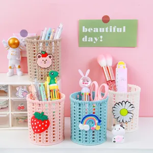 Porta Lápices Tejido Estilo Ratán de Dibujos Animados Creativo Lindo Cubo de Almacenamiento de Escritorio Papelería de Estudiante Caja de Almacenamiento de Pinceles de Maquillaje