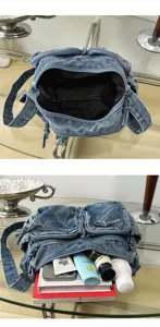 Gedetailleerd overzicht van de blauwe gewassen denim schoudertas met grote opbergcapaciteit en vakken.