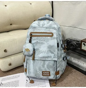 Sac à dos étudiant camouflage bleu clair avec pochette ronde pour l'école et voyage