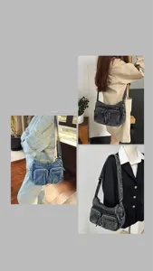 Gedetailleerd overzicht van gewassen denim schoudertas met meerdere zakken en kwastjes.