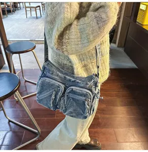 Gewassen denim crossbody schoudertas voor dames, grote capaciteit casual forenstas.