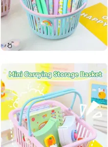 Vue détaillée du mini panier de rangement bleu pastel pour stylos et fournitures