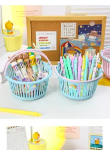 Detailed view of cute pastel mini storage baskets filled with colorful stationery