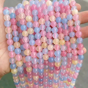Perline Sciolte Tonde in Calcedonio Morganite Multicolore per Creazione Gioielli Fai-da-Te Perline in Pietra Color Caramella
