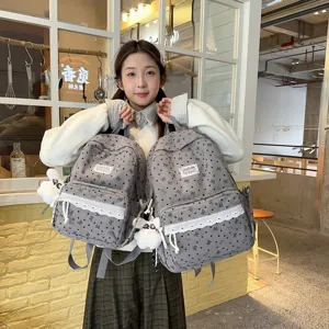 Mochila De Nailon Estilo Preppy Coreano Con Estampado De Corazón Y Lazo Bolso Escolar Para Niñas Mochila De Viaje Con Encaje