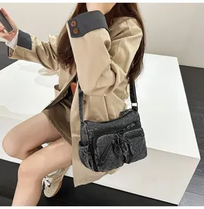 Wasdenim schoudertas voor dames, grote capaciteit multi-pocket casual damestas.