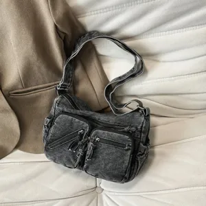 Dames Grote Capaciteit Gewassen Denim Schoudertas Casual Modieuze Trendy Woon-werkverkeer Schoudertas Meerdere Zakken Handtas