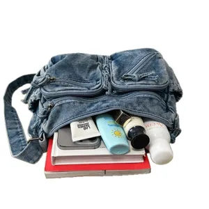 Wasdenim schoudertas voor dames, grote capaciteit meerdere zakken casual tasje.
