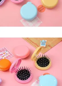 Spazzola per capelli pieghevole con specchio, mini pettine massaggio rotondo per viaggio e uso quotidiano.