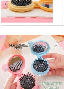 Spazzola per capelli pieghevole portatile con specchio, mini pettine da massaggio carino per ragazze.