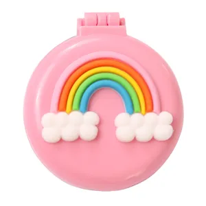 Portable compact pink folding air cushion hairbrush with cute rainbow design and travel mirror