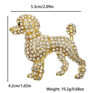 Détail de la broche caniche montrant les dimensions et le poids avec strass brillants