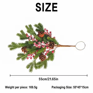 Detailed view of Christmas pine branch decoration showing 55cm length and package dimensions