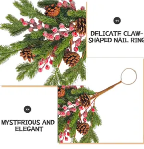 Detailed view of artificial Christmas pinecone vine with frosted red berries and pine needles