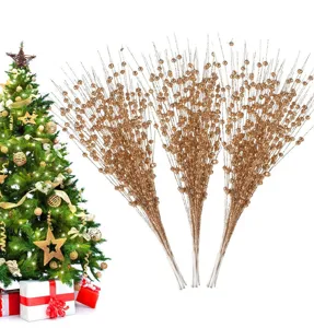 3er-Set goldene Glitzer-Beerenstiele für festliche Weihnachtsbaum- und Vasendekorationen