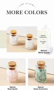Piedras de cristal natural en botellas de vidrio con corcho para decoración y sanación