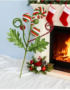Tige de fleur de bonbon pailletee de Noel rouge vert blanc tige decorative scintillante