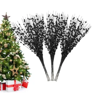 Schwarze Glitzer Weihnachtsbeeren-Stiele für Tannenbaum und Gestecke 24 Stück