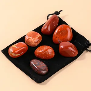 Natural polished Red Jasper tumbled stones set with black velvet pouch for healing