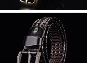 Detailed close-up of a hand-woven braided leather belt with metallic pin buckle