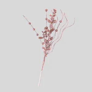 Rametto decorativo per albero di Natale glitterato oro rosa con bacche e steli per le feste