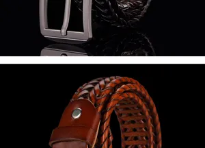 Close-up detail of hand-braided brown leather belt with high-quality metal pin buckle