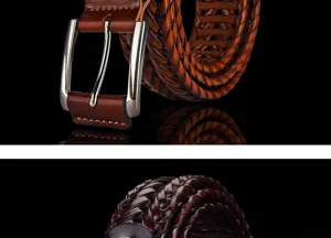 Detailed close-up showing the intricate hand-woven texture of the brown leather belt strap
