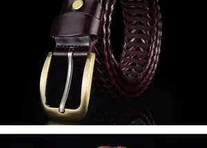 Detailed view of a hand-braided burgundy leather belt with a vintage brass pin buckle